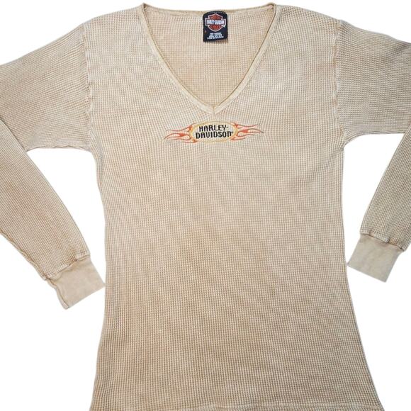 1998 Harley-Davidson Small Long Sleeve Waffle Knit Thermal Womens Shirt Tan - Picture 1 of 7